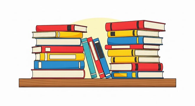 Illustration of a neat wooden shelf filled with stacks of colorful books against a soft yellow backdrop, ideal for use in educational or library-themed digital content and online resources.