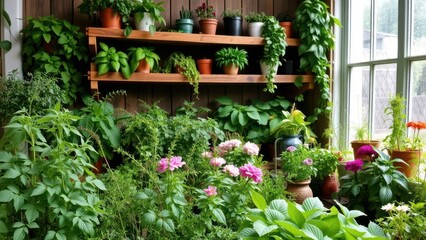 Obraz premium Lush Indoor Garden with Herbs and Flowers 