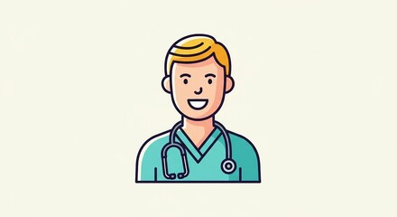 Fototapeta premium Smiling Male Doctor Avatar: Friendly Healthcare Professional Illustration, Perfect for Website, App, or Medical Branding.