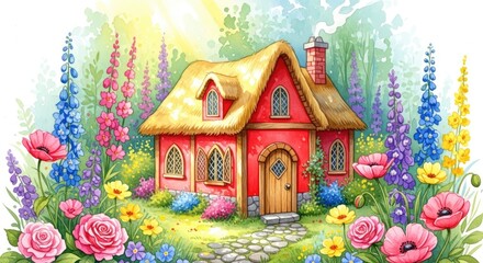 Enchanting Watercolor Cottage in a Vibrant Floral Garden