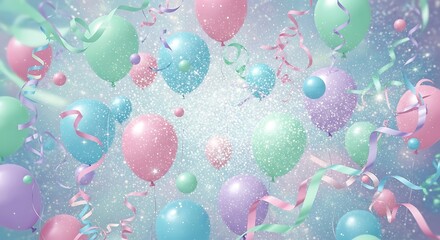 Pastel dreamscape featuring floating balloons and shimmering confetti creating festive ambiance