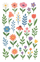 Cute Flowers and Leaves Illustration Set for Spring and Summer