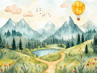 Hand drawn watercolor mountain landscape vector