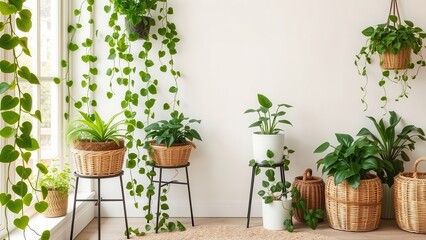 Minimalist Interior with Hanging and Floor Plants
