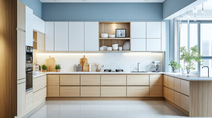 kitchen in a modern style with a lot of cabinets