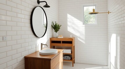 A bright and elegant modern bathroom interior featuring a minimalist design with clean white subway tile walls, a round black-framed mirror, and sleek fixtures