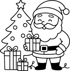 Cartoon Santa Claus with Christmas Tree and Gifts, Black and White Coloring Page