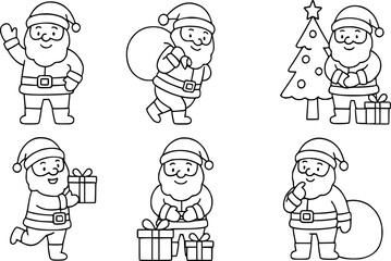 A set of six black and white illustrations depicts Santa Claus in different actions.