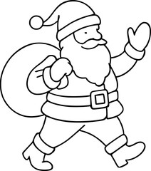 Black and white illustration of Santa Claus carrying a gift bag.