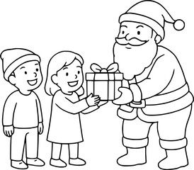 A cheerful black and white illustration of Santa Claus giving gifts to two children.