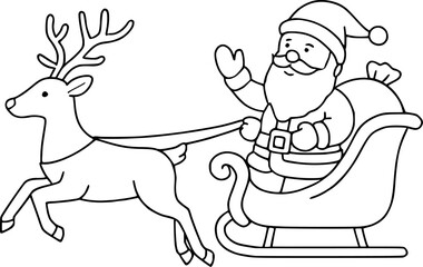 Black and white illustration of Santa Claus in a sleigh pulled by a reindeer.