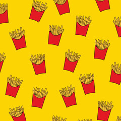 Doodle french fries seamless pattern. Hand drawn doodle, Fast food wallpaper texture. 