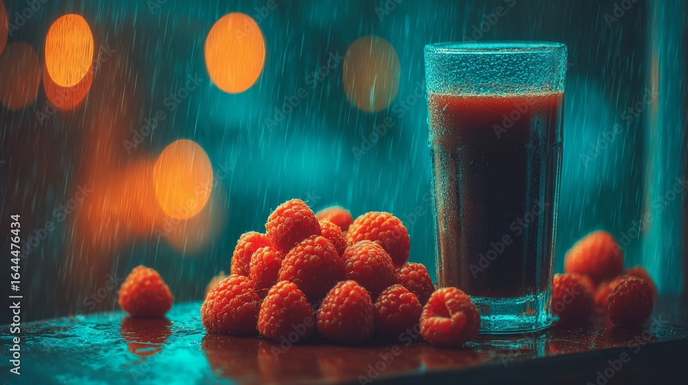 Poster Raspberry cocktail with ice in a glass on a wet surface, set against a backdrop of colorful bokeh lights and a simulated rain effect