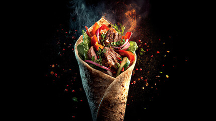Colorful shawarma filled with beef, fresh vegetables, and spices, creating vibrant and appetizing presentation