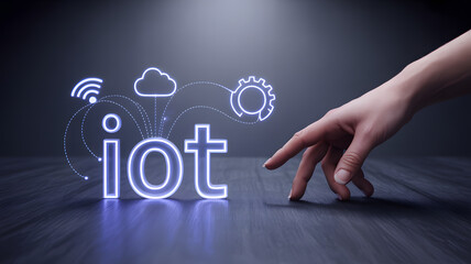 Human hand interacting with glowing IoT concept connecting cloud, wifi, and gear icons
