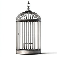 Metal bird cage with detailed grille work is positioned in front of a transparent backdrop