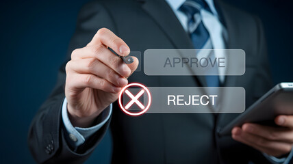 Businessman makes decisive choice selecting reject option on digital interface