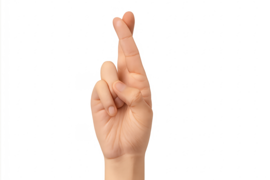 Hand crossing fingers wishing for good luck on transparent background