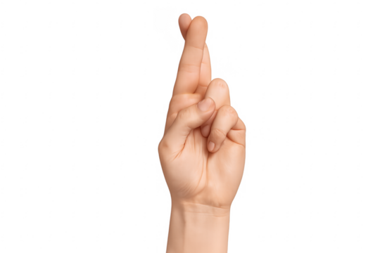 Hand crossing fingers making wish on transparent background