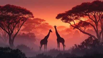 Vast African Savanna at Golden Hour with Wildebeest and Giraffe Herds Silhouetted Against Orange Sky in Cinematic Wildlife Photography
