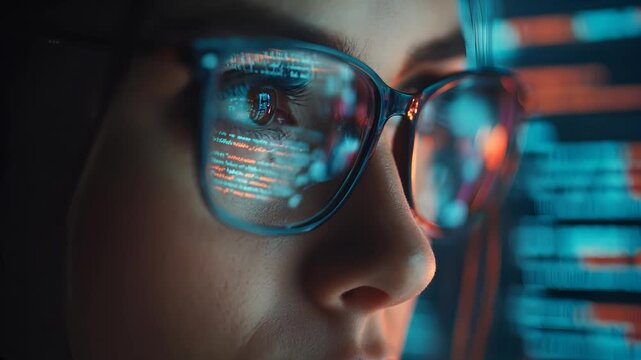 Woman with glasses looking at screen reflection