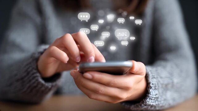 Hands typing on smartphone with icons floating