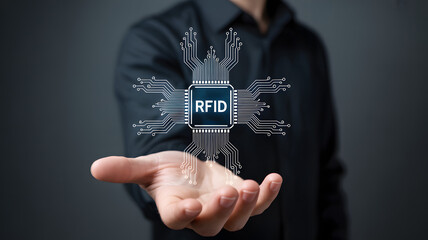 Man holding RFID chip technology circuit glowing in his palm