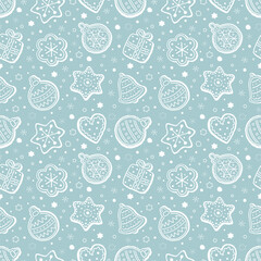 Christmas Pattern. Seamless Print with Christmas Ornaments. Sillhouettes. Christmas Balls, Bell, Heart, Star, Gift Box, Flower. Winter Holiday Background. Vector illustration on Light Blue Background