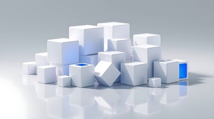 3d render of white cubes with blue light in the background.