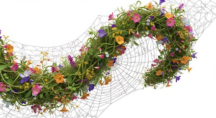 Colorful floral garland draped over spiderweb