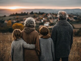 Grandparents with Grandchildren Enjoying Sunset View - Generational Family Bonding on National Grandparents Day