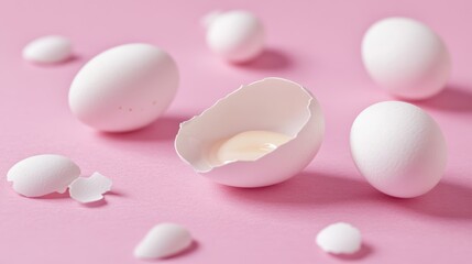 White eggshells and whole eggs on a pink background, one cracked revealing yolk.
