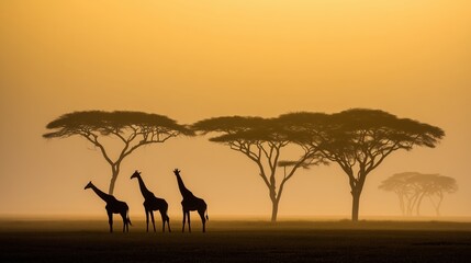 Vast African Savanna at Golden Hour with Wildebeest and Giraffe Herds Silhouetted Against Orange Sky in Cinematic Wildlife Photography
