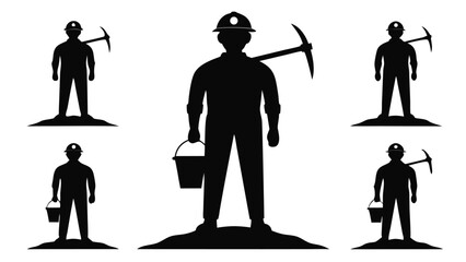 Black silhouette miners with tools and buckets white
