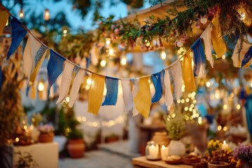 Beautiful outdoor celebration setup with colorful bunting, warm lighting, and charming decorations creating a festive atmosphere for gatherings and events