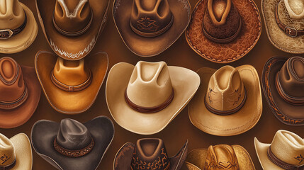 Seamless cowboy hat pattern featuring various styles blending into a smooth continuous design with subtle leather textures