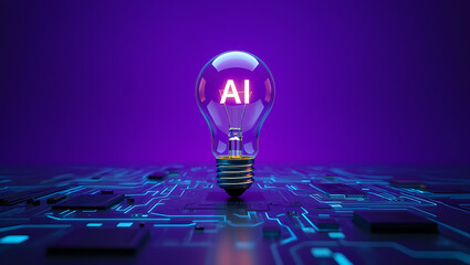 A glowing light bulb with the letters AI inside sits on a circuit board representing a new artificial intelligence idea illuminating the digital world.
