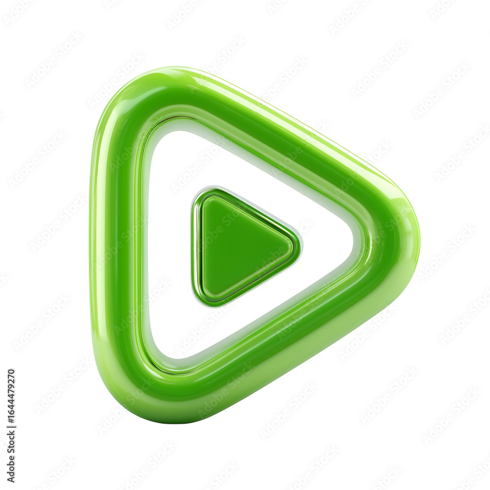 Poster green glossy play button media player icon for video or audio content isolated on transprint backgro