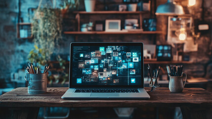 Fototapeta premium Seamless Laptop on Rustic Wooden Desk with Screen Flowing into an Ocean of Digital Content, Social Media Feeds, and Files