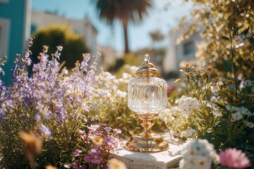 Fototapeta premium Beautiful vintage lamp amidst a vibrant flower garden, showcasing the delicate interplay of nature and elegance, perfect for interior design projects and artistic inspiration.