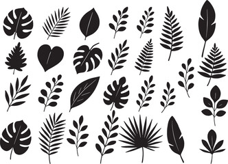 Tropical Leaf Silhouette Set 🌴🌿: A collection of Monstera, palm, and jungle leaf elements. Ideal for summer party invitations, logos, and patterns.
