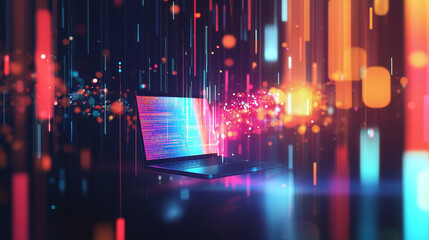 Seamless Floating Laptop with Screen Transforming into Endless Stream of Colorful Data and Abstract Visuals