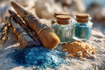 Beautifully arranged artistic tools and colorful powders on a stone surface, showcasing creativity, craftsmanship, and the essence of art in natural surroundings.