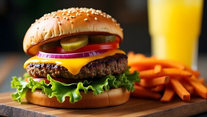 Vegan Cheeseburger with Plant-Based Patty and Sweet Potato Fries, Delicious Meatless Burger Meal with Dairy-Free Cheese, Healthy and Sustainable Vegan Burger Platter, Plant-Based Burger with Colorful