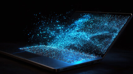 Seamless High-Tech Laptop Dissolving into Glowing Particles Symbolizing the Fusion of Physical and Digital Worlds
