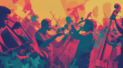Fototapeta premium Seamless Harmonious Orchestra with Musicians and Instruments Blending into a Beautiful Symphony of Collaboration