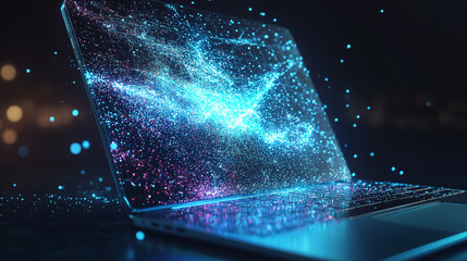 Seamless High-Tech Laptop Dissolving into Glowing Particles Symbolizing the Fusion of Physical and Digital Worlds