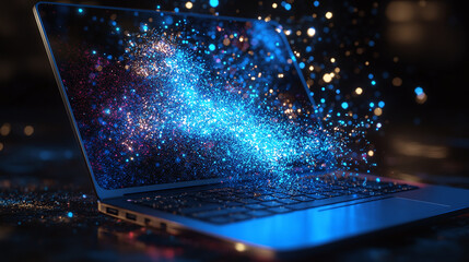 Seamless High-Tech Laptop Dissolving into Glowing Particles Symbolizing the Fusion of Physical and Digital Worlds
