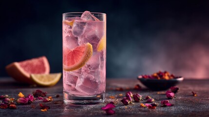 A glass of pink grapefruit cocktail, chilled with ice and topped with a grapefruit slice, rests on a dark surface surrounded by ice cubes and halved grapefruits