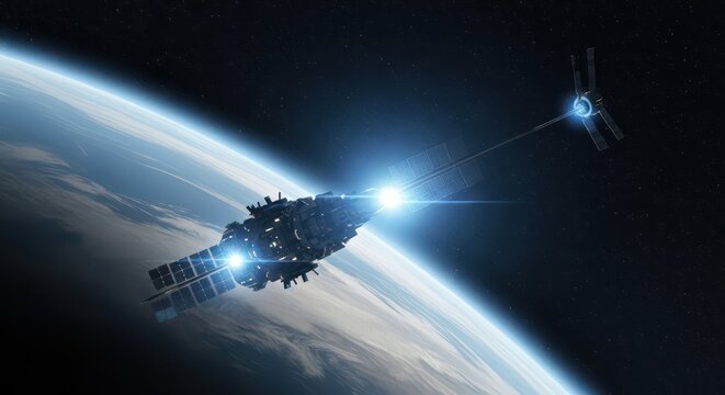 Celestial Tether: Luminous Starship and Probe Above a Glowing Planet's Horizon